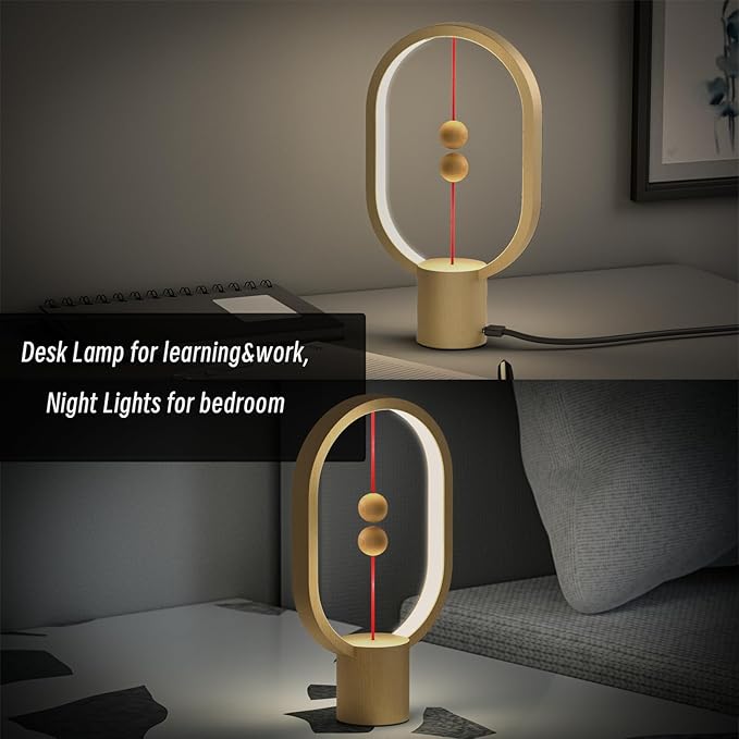 Bedroom Lamps - Mini Balance Lamp, Bedside Lamp, Nightstand Lamp, 3 Level Brightness Plug in Night Light for Home, Office, College Dorm (Wood Color)
