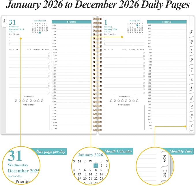 2026 Daily & Monthly Planner - One Page Per Day, Daily Planner from January 2026 - December 2026, Planner 2026 with 12 Monthly Tabs, 8.5" x 11", Flower-B