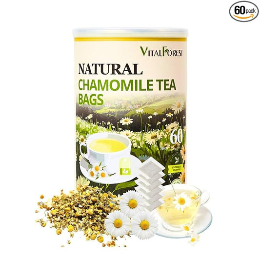 60 Chamomile Tea Bags, VitalForest Chamomile Flowers Tea, Natural Pure Camomile Tea, Caffeine Free Camomille Herbal, Help Reduce Stress And Sleep Better, Non-GMO