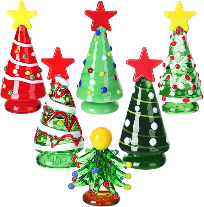 6 Pcs Mini Christmas Tree Glass Gifts Set Ornaments Small Glass Christmas Tree Gifts Holiday Dollhouse Miniature Winter Figurines for Crafts DIY Holiday Xmas Party(Regular,2.36 Inch)