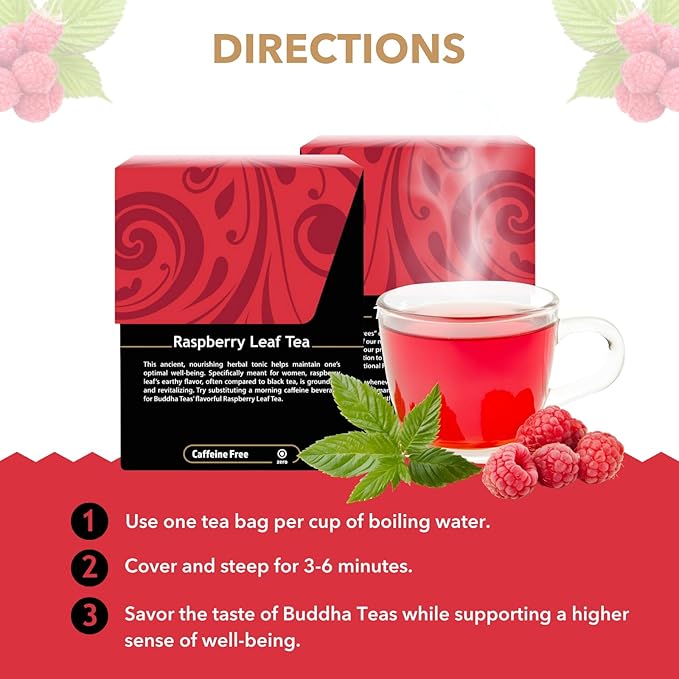 Buddha Teas - Organic Raspberry Leaf Tea - Herbal Tea - For Health & Wellbeing - With Vitamins, Antioxidants & Calcium - Clean Ingredients - Caffeine Free - OU Kosher - 18 Tea Bags (Pack of 1)
