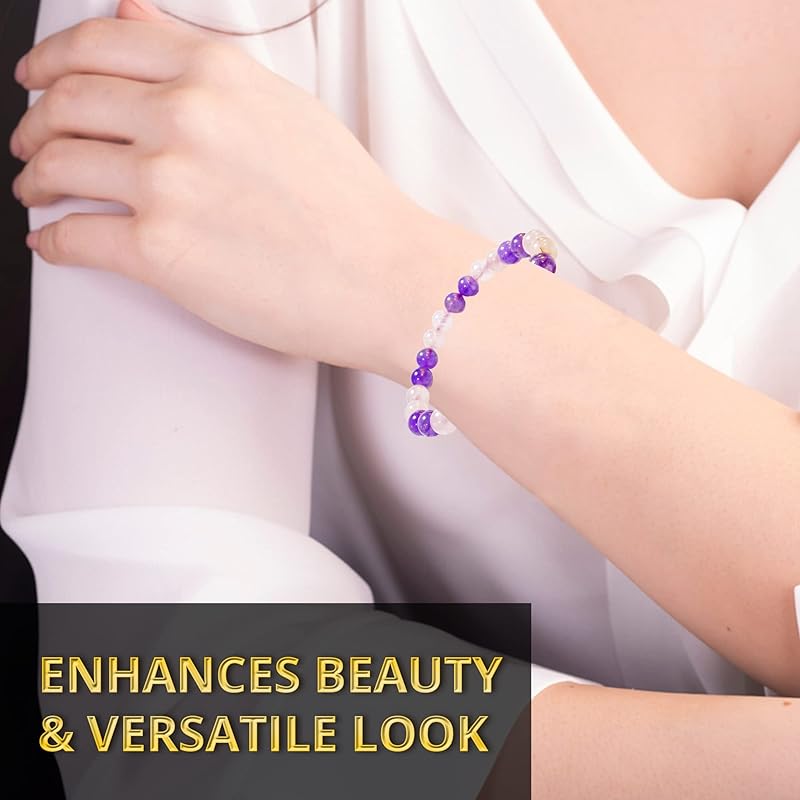 Amethyst, Rose Quartz Bracelet, Natural Healing Crystal Bracelet for Women and Men, 8mm Round Beaded Bracelet for Spiritual, Protection, Positive Energy, Elastic Adjustable Size Gemstone Bead Bracelet