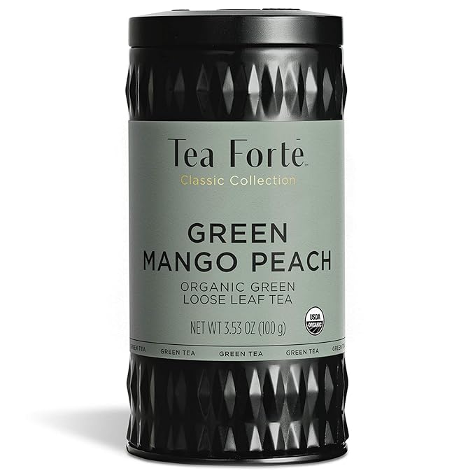 Tea Forte Green Mango Peach Premium Organic Loose Leaf Caffeinated Green Tea Blend Canister, Makes 35-50 Cups