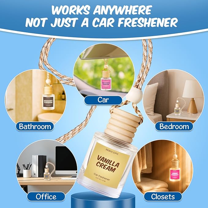 Car Air Freshener Diffuser 6 Pack Hanging Air Freshener, Vanilla Cream, Pink Sparkle Champagne, Mahogany Teakwood, Pistachio & Salty Caramel, Jasmine Dragonfruit and Mahogany Coconut Scents