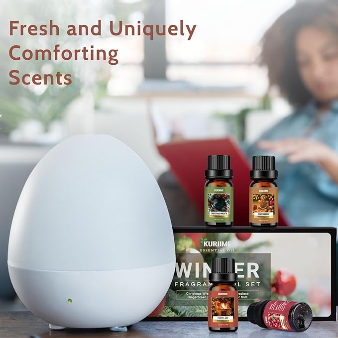 Essential Oils Set, Winter Scents Fragrance Oil Essential Oils for Diffusers for Home - Christmas Wreath, Gingerbread, Fireplace, Cranberry, Forest Pine, Winter Mint Scented Oil, 6x10ml