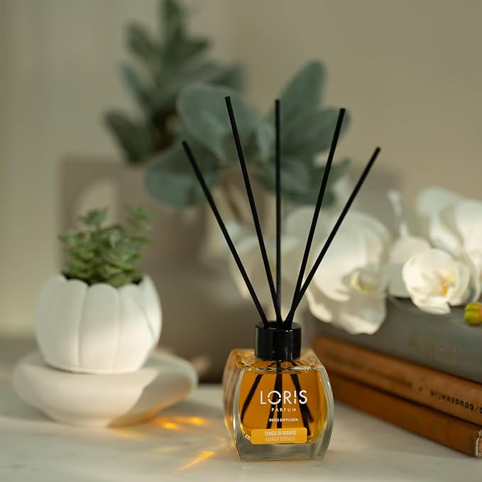 Loris Reed Diffuser - Tango in Mango - Aromatic Home Fragrance with Natural Essential Oils, 4.06 fl oz/120 mL – Long‑Lasting, Non‑Toxic, Gift Ready Scented Diffuser with Sticks for Room & Bathroom