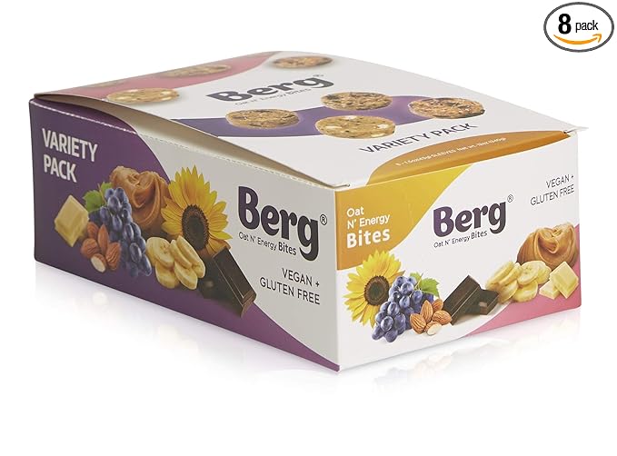 Berg Energy Bites Variety Pack – Plant-Based Protein Snack with 16g Protein & 1g Sugar – Vegan, Gluten-Free, Low Sugar, High Fiber, Non-GMO, Prebiotic Superfood Bites – 1.5oz (8 Pack)