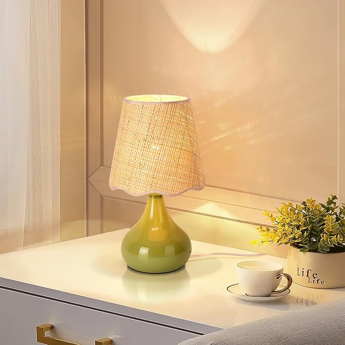 Green Cute Small Boho Table Lamp for Bedroom Bedside, Green Bedroom Lamps for Nightstand, Small Scalloped Rattan Shade Table Lamps for Small Spaces for Bedroom, Home Office, Living Room, Kids Dorm