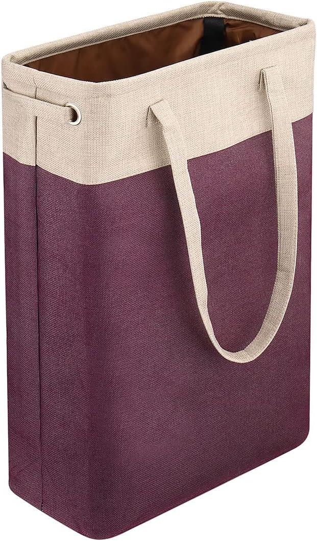 i BKGOO Laundry Basket with Handles Beige&Burgundy Slim Laundry Bin Collapsible Dirty Clothes Basket Narrow Laundry Bag Foldable Dirty Hamper for Camping, Dorms, Apartments