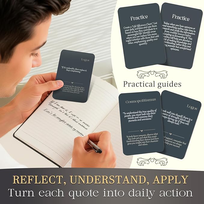 122 Daily Stoic Quotes with Explanations & Practices, Marcus Aurelius Stoicism Cards, Wooden Stand, Gift Box, Inner Strength Wisdom Stoic Reminders, Mindfulness Deck, Unique Home Office Gifts Décor