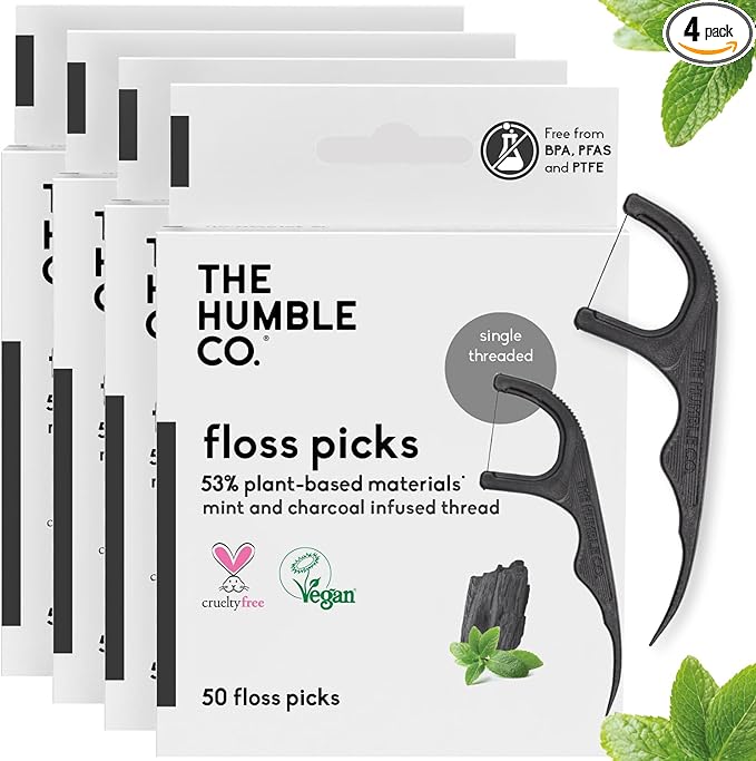 The Humble Co. Floss Picks (200 Count) – Plant Based Dental Floss Picks for Superior Oral Care, Dental Hygiene, and Gum Health, Cruelty Free Tooth Floss Picks (Charcoal, Single Thread)