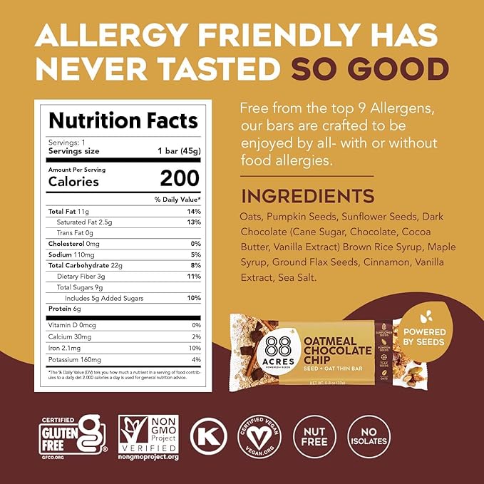88 Acres Granola Bars | Oatmeal Chocolate Chip | Gluten Free, Nut-Free Oat and Seed Granola Bar | Vegan & Always Non GMO | 12 Pack