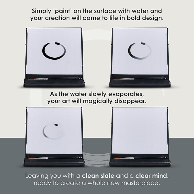 Mini Buddha Board Art Set: Water Drawing Writing Board w/ Mini Water Brush for Mindfulness & Meditation – Zen Based Drawing Board - Painting & Art Supplies – Ideal Relaxation Gifts (5” x 5”, Black)