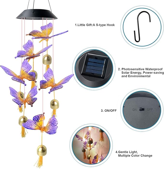 JOBOSI Butterfly Decorative Mobiles Gifts, Solar Wind Chimes, Mothers Day Wind Chime Gifts for mom, Women, Grandmother, Thanksgiving Gift, Mom Best Gift