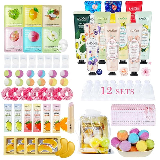 108 Piece Girls Spa Party Supplies Set , Face Masks, Hand Creams, Eye Patches, Bath Bombs, Lip Balms, 12 Person Kit