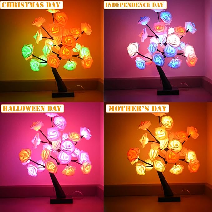 24 LED Rose Tree Lamp, Color Changing Artificial Rose Lamp with Remote, USB Powered Bonsai Night Light for Valentine's Day, Home Desk Decor, Wedding Christmas Party Centerpiece
