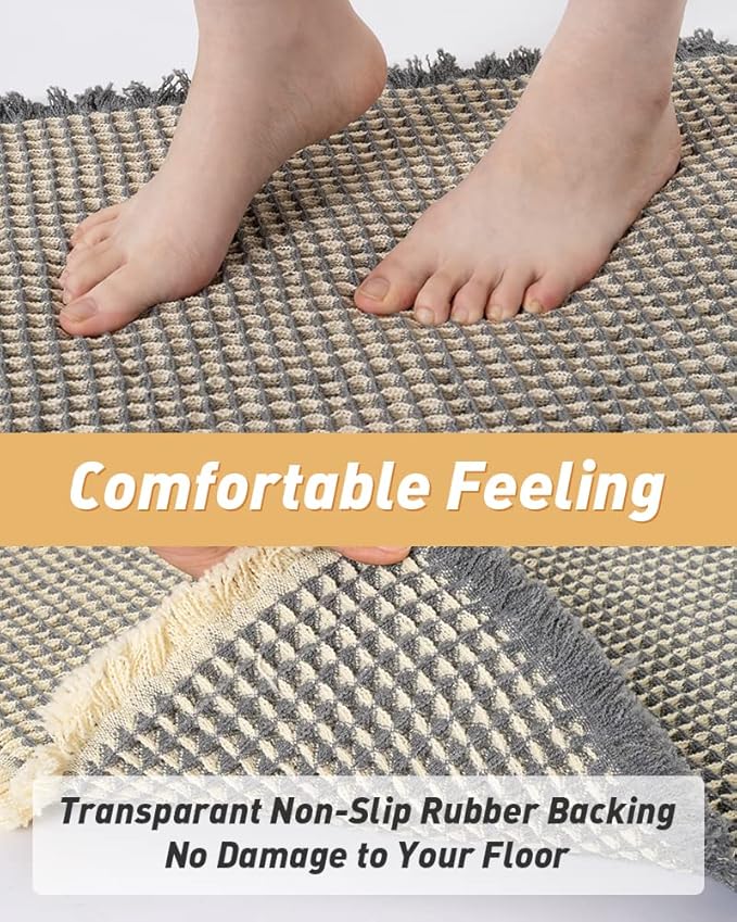 AMOAMI Upgraded Waffle Bath Mat, Super Absorbent Non Slip Bath Mats for Bathroom Floor, Machine Washable Bathroom Rugs with Tassels, Rubber Backed Bathroom Mats Ultra Soft, 24" x 36"