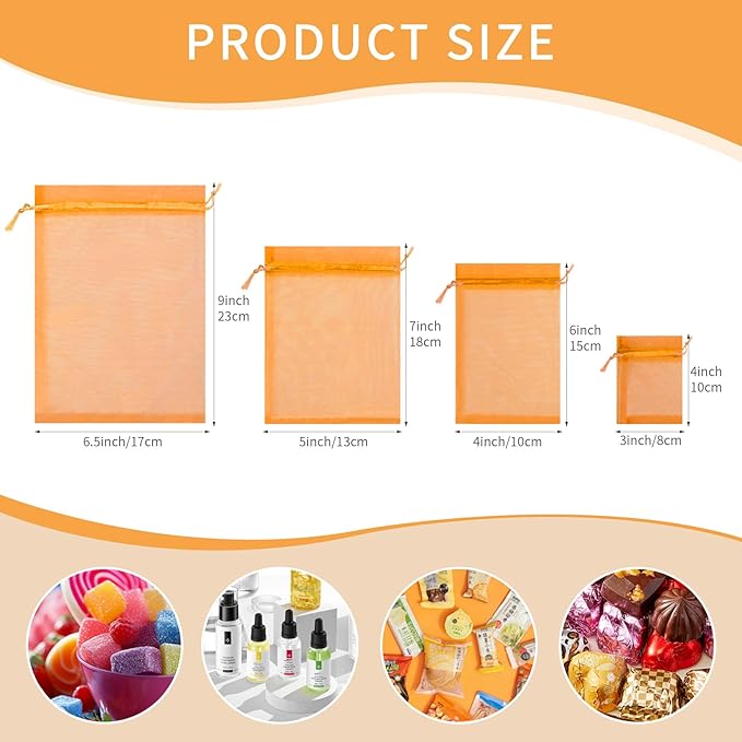 50 Pcs Orange Organza Bags 4x6 Inch, Small Mesh Drawstring Gift Bags for Halloween Treats, Candy, Birthday Party Favors