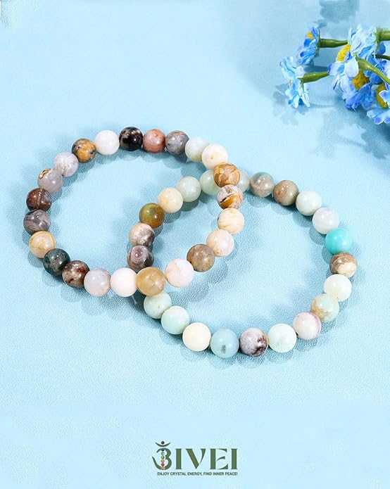 Bivei Natural Gemstone Semi Precious Healing Crystals Handmade Stretchy Round Beads Bracelet, Enhance Positive Energy