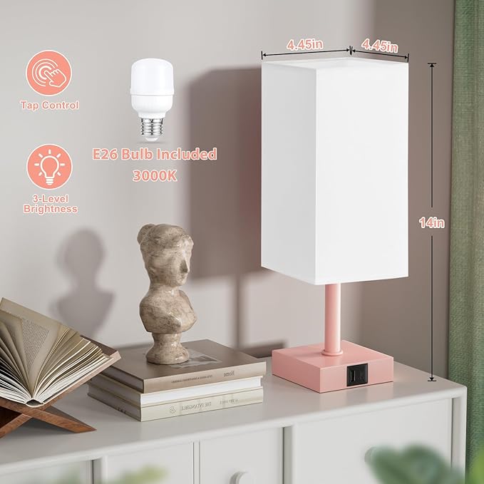 Ambimall Touch Control Table Lamp with USB A+C Charging Ports - 3 Way Touch Lamps Bedside, Nightstand Lamp for Bedrooms, LED Bulb Included(White Shade & Pink Base)