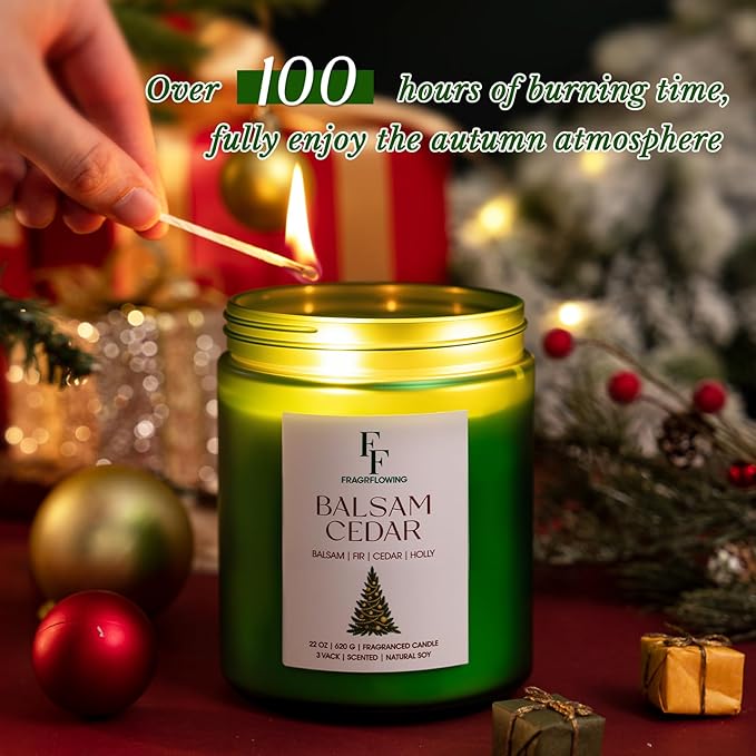 Large Christmas Candle Balsam Cedar Scented, 3-Wick 22oz Long Lasting Scented Candle, Natural Soy Wax Aromatherapy Candle for Home, Holiday Candle Gifts for Women Men