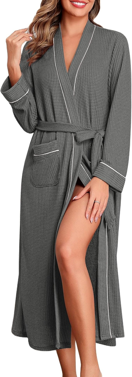 Ekouaer Robes for Women Lightweight Knit Waffle Bathrobe Full Length Kimono Casual Ladies Loungewear