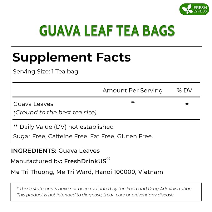 FreshDrinkUS, Premium 15 Guava Leaf Tea Bags, 100% Natural & Pure. Loose Leaf Guava Herbal Tea. No Sugar, No Caffeine, No Gluten, Vegan.