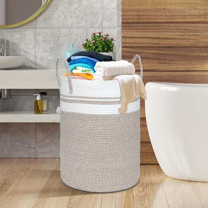 72L Large Laundry Basket, Laundry Hamper with Handles, Clothes Storage Basket, Tall Woven Rope Storage Basket for Dirty Clothes, Blankets, Pillows in Bathroom, Bedroom (Brown, 16 x 22in)