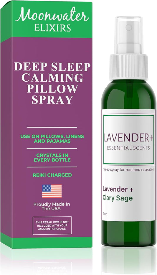 Lavender Sleep Spray for Pillows, Linens & Pajamas – Natural Calming Lavender & Clary Sage Aromatherapy Mist with Amethyst & Reiki Energy. Deep Sleep + Bedtime Relaxation for Adults & Kids. 4 oz (1)