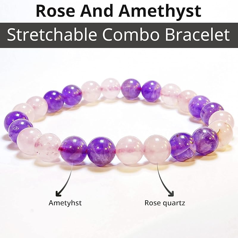 Amethyst, Rose Quartz Bracelet, Natural Healing Crystal Bracelet for Women and Men, 8mm Round Beaded Bracelet for Spiritual, Protection, Positive Energy, Elastic Adjustable Size Gemstone Bead Bracelet