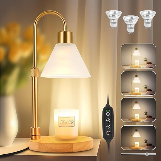 Candle Warmer Lamp with Timer & 3 Bulbs, Dimmable Electric Candlelight Adjustable Height and Brightness Candle Wax Warmer for Jar Candles Bedroom Home Decor House Warming Gift (Frosted Clear)