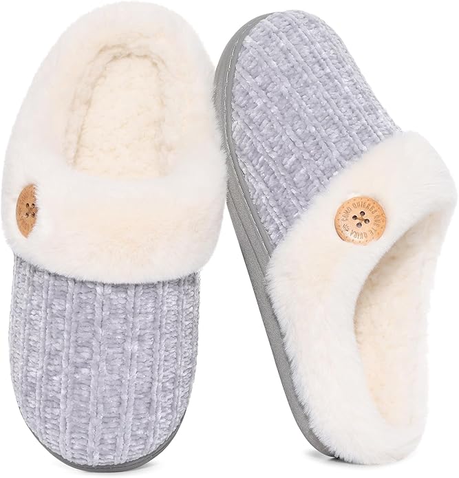 Evshine Warm Knit House Slippers for Women Comfy Wool-Like Lined Chenille Slippers with Memory Foam and Indoor Outdoor Soles