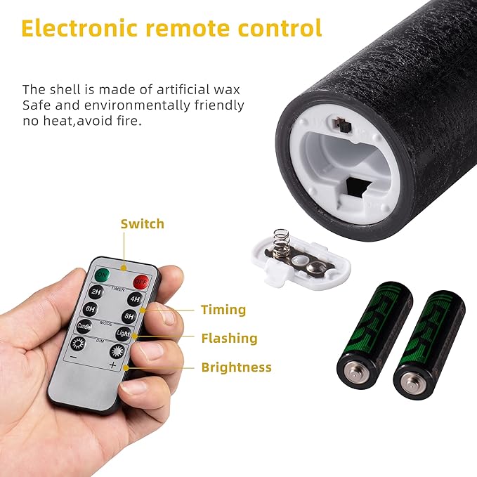 Hausware Set of 9 Flameless Candles Battery Operated LED Real Wax Flickering Electric Candles with Remote Control Timer for Wedding Birthday Halloween Christmas Decorations (Black Color)