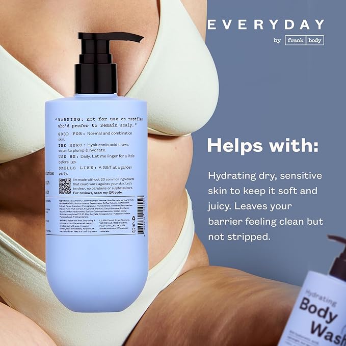 frank body Hydrating Body Wash | Moisturizes, Hydrates & Soothes | Hyaluronic Acid, Aloe Vera & Glycerin | Cucumber & Waterlily Scent | Vegan & Cruelty Free | 360ml