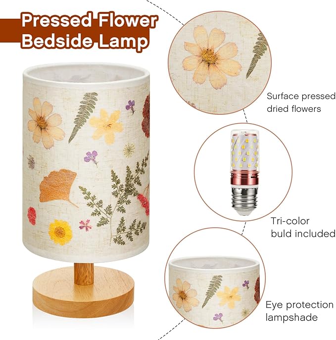 Hortsun Pressed Floral Lamp Bedside Vintage Flower Desk Lamp for Bedroom Living Room, Dorm, Home, Office Decor(1 Pcs,Modern Style)