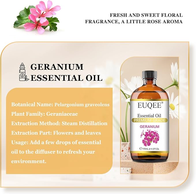 EUQEE Geranium Essential Oil 118 ml Pure Geranium Oil with Dropper for Diffusers, DIY, Skin Care, Massage, Aromatherapy (4 fl oz)