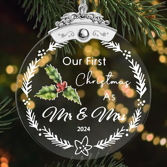 Christmas Tree Ornaments 3 Inch Clear Glass Blanks Round Print Ornament Christmas Hanging Decorative with Silver Ribbon (Mr & Mrs (2024))