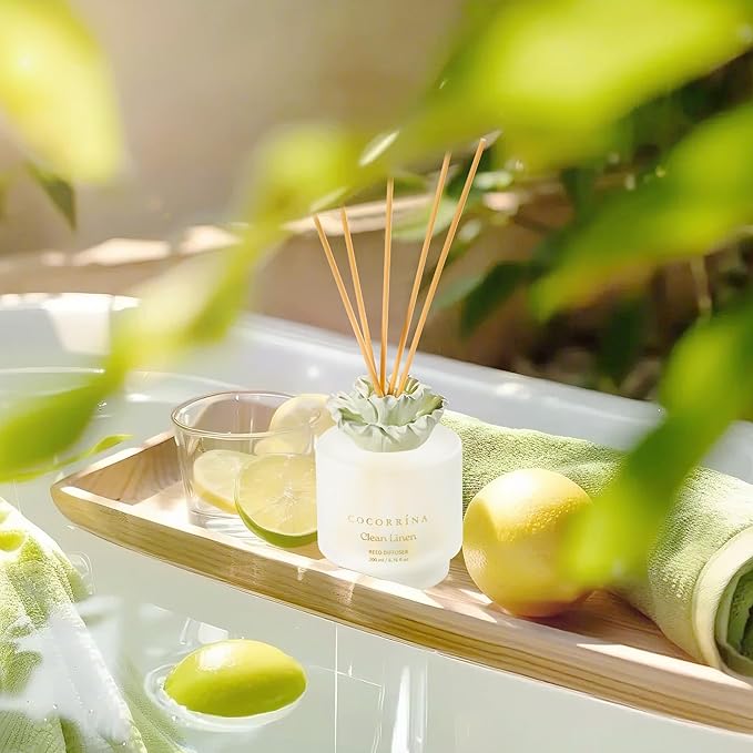 COCORRÍNA Gypsum Flower Reed Diffuser Set for Bathroom Décor – Clean Linen Scent, 6.76 oz with Sticks & Oil – Home Fragrance for Bathroom & Living Space