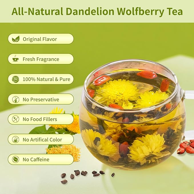 Dandelion Wolfberry Tea Bags, Natural Kidneys & Liver Health Tea with Dandelion, Chrysanthemum, Wolfberry, Cassia Seed, Licorice, Orange Peel, Gardenia, Dandelion Root Tea Organic(1 Pack/12 Bags)