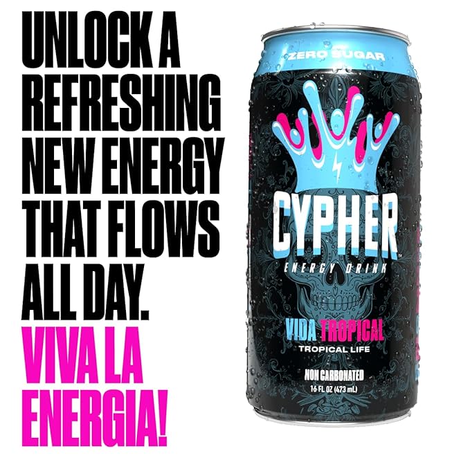 Cypher Sugar Free Energy Drink, Tropical Life – Non-Carbonated & Low Calorie Juice Energy Drink for Lasting Stamina & Focus with 260mg Caffeine, 3g Whey Protein, & 5 Amino Acids (12) 16oz Cans
