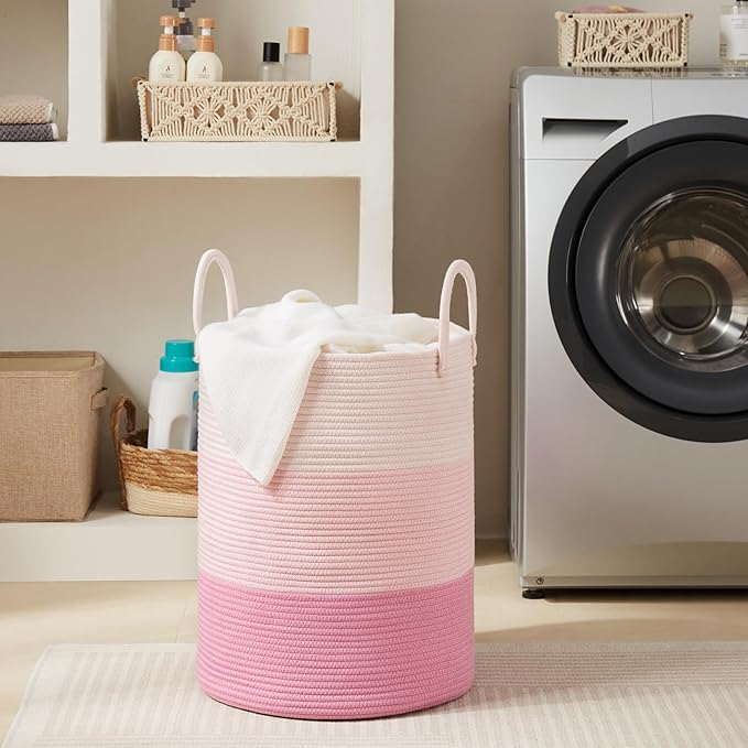 Fiona's magic Cotton Rope Laundry Hamper, Tall Woven Laundry Basket Storage, Baby Nursery Hamper for Blankets, Toys and Clothes Hamper for Bedroom and Living Room Organizing, 58L, Pink
