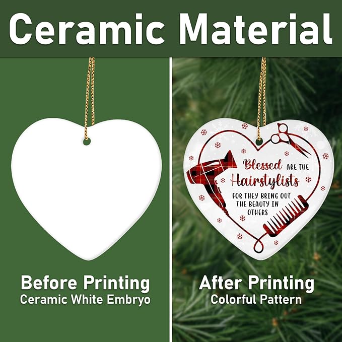 34HD Gifts for Christmas, Hairstylist Christmas Ornament Heart-Shaped Ceramic 2-Side Printed, Hairstylist Gifts Women, Christmas Decorations for Trees