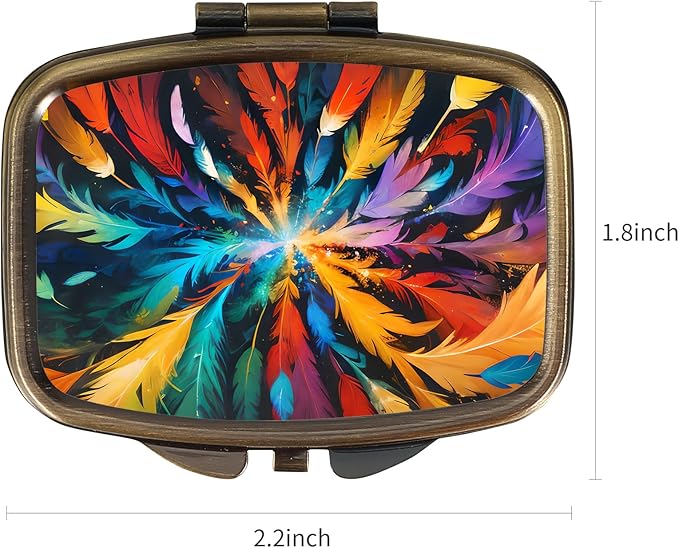 Dynippy Pill Case Pill Box with Mirror Retro Pocket 2 Compartment Medicine Case Vitamin Pill Organizer for Pocket Purse and Travel (Retro- Colored Feather)