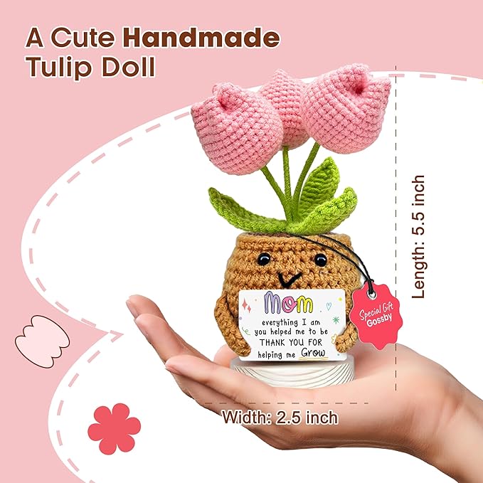 Gossby Gift for Mom - Positive Tulip Flower Crochet Doll with Card - Thank You for Helping ME Grow - Christmas, Mothers Day, Birthday Mom Gift from Daughter Son Kid - Handmade Crochet Plant Decor