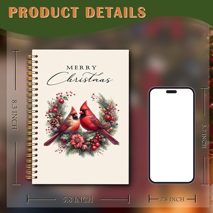 Exqcom Christmas Red Cardinal Spiral Notebook Gifts, Winter Red Holly Berries Botanical Bird Holiday Journal for Women, Merry Christmas Hardcover Notebook Journal Office School Supplies, 5.5x8.3 Inch