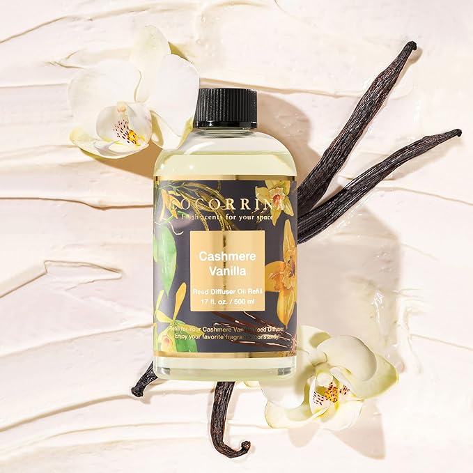 Cocorrína Reed Diffuser Refill Cashmere Vanilla 17oz (500ml) with 8 Rattan Sticks - Premium Long-Lasting Essential Oil, Home Fragrance for Bedroom, Bathroom Home Decor
