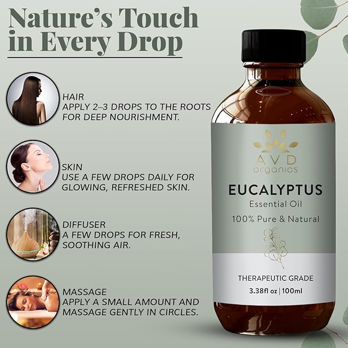 Eucalyptus Essential Oil for Diffuser | 100% Pure and Natural Eucalyptus Oil | for Skin Body Aromatherapy Home Fragrance Carrier Bath Steamroom 3.38 fl. Oz…