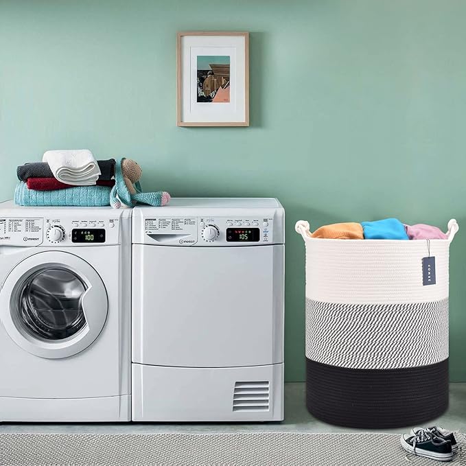 COMSE Extra Large Blanket Basket, Tall Woven Storage Basket, Nursery Hamper, 15.7”x 21.7”, Cotton Rope Laundry Hamper for Toys Clothes Towels, White/Gray/Black