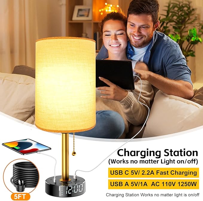 Bedside Desk Lamp for Bedroom, Table Lamp with USB A & USB C Fast Charging Ports & 2 AC Power Outlets, Alarm Clock Base, Round Black Fabric Lampshade Modern Nightstand Lamp for Living Room Home Office