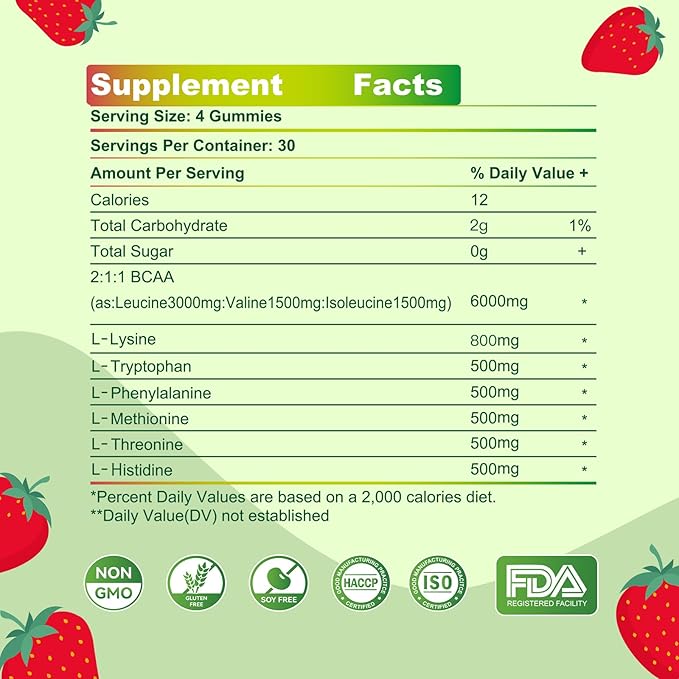 EAA Gummies 120 Gummies (Strawberry), Essential Amino Acids - All 9 Essential Aminos (EAA) and All Branched-Chain Aminos (BCAAs), Non-GMO, Gluten Free, Vegetarian Friendly